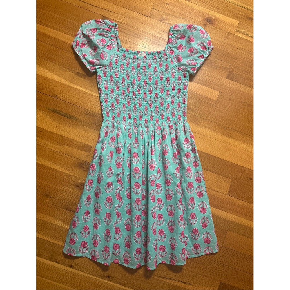 Crewcuts Girls Aqua Pink Floral Smocked Puff Sleeve Dress Size 14 CG285